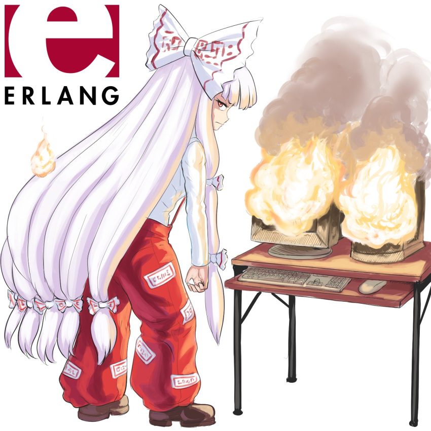 1girl, at_computer, bangs, bow, braces, brown_footwear, burning, closed_mouth