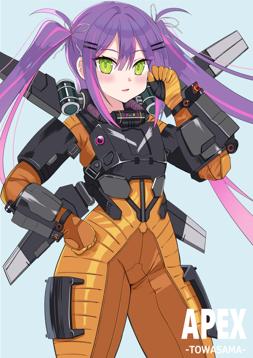 1girl, absurdres, apex_legends, bangs, blue_background, blush, bodysuit, clenched_hand, copyright_name, cosplay, eyebrows_visible_through_hair, green_eyes, hair_behind_ear, hand_on_hip, highres, hololive, jetpack, logo, looking_at_viewer, open_mouth, orange_bodysuit, purple_hair, ranobe-senka, solo, tokoyami_towa, twintails, valkyrie_(apex_legends), valkyrie_(apex_legends)_(cosplay), virtual_youtuber