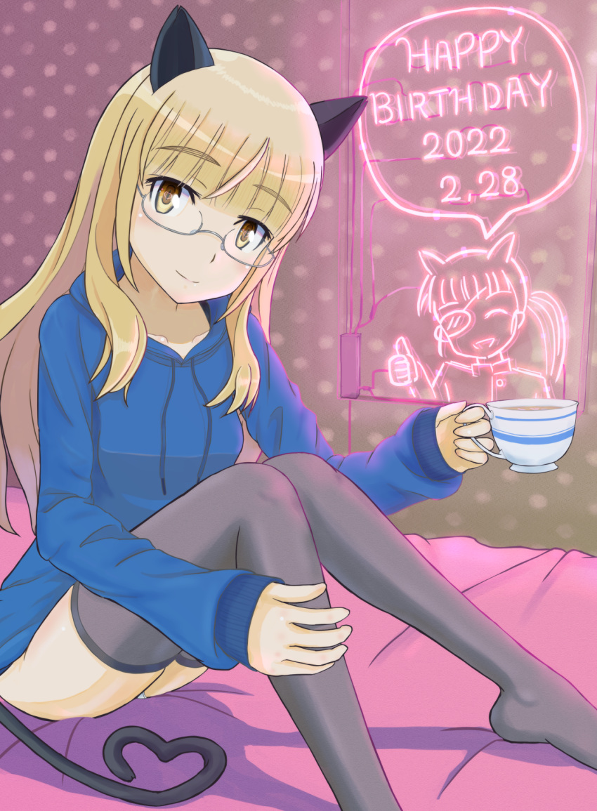 1girl, akiyama_mio, animal_ears, birthday, black_legwear, blonde_hair, blush, breasts