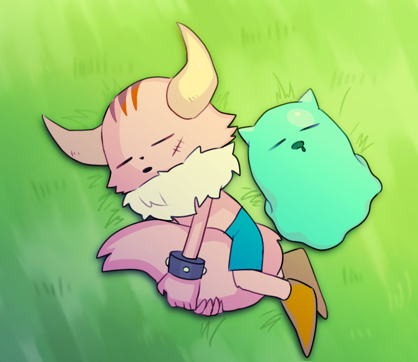 1boy, animal_nose, between_legs, blue_shorts, body_fur, brown_footwear, closed_eyes, commentary_request, day, drooling, fox_tail, from_above, fur_collar, grass, green_background, highres, imura_(ponkotsu_quest), kaku_(ponkotsu_quest), kureson_(hayama_baa), lying, male_focus, on_back, on_ground, on_side, open_mouth, outdoors, pink_fur, ponkotsu_quest:_maou_to_haken_no_mamono-tachi, scar, scar_on_cheek, scar_on_face, shoes, shorts, sleeping, slime_(creature), tail, tail_between_legs, tail_hug, topless_male, white_fur, yellow_horns