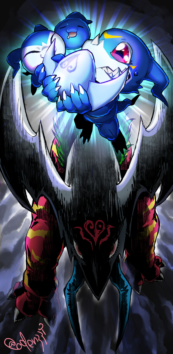 animal, animal_focus, artist_name, chibimon, chicomon, claws, clenched_teeth, closed_eyes