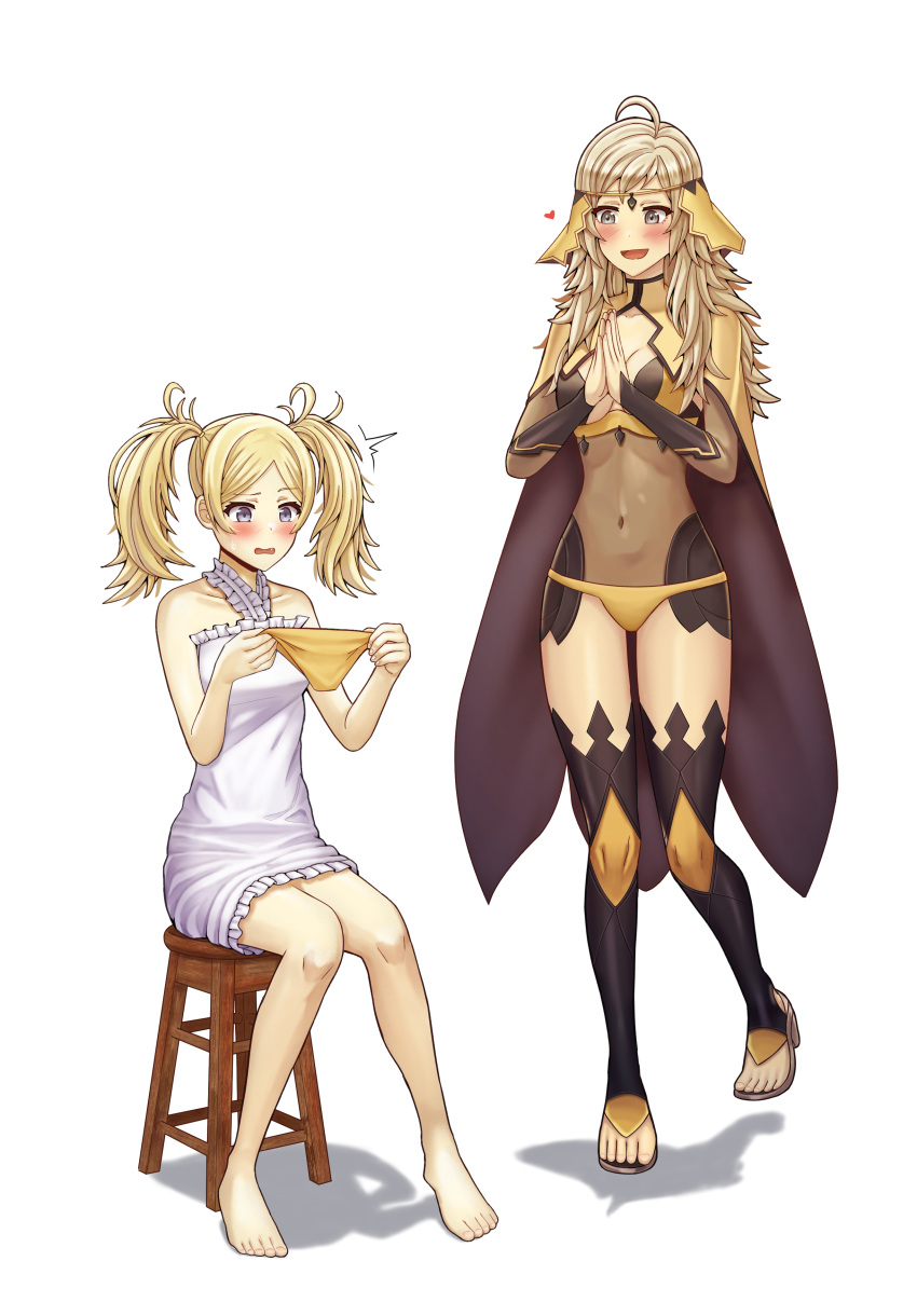 2girls, absurdres, ahoge, asymmetrical_bangs, bangs, bodystocking, breasts, cape
