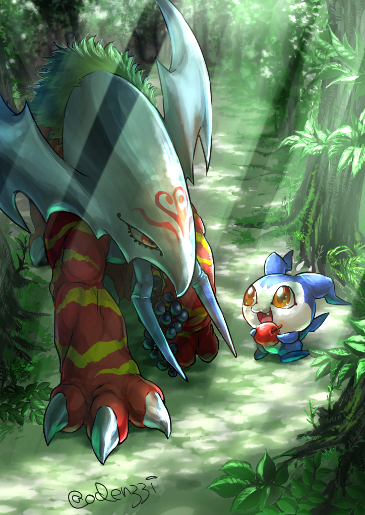 :3, :d, animal, animal_focus, apple, artist_name, chibimon, digimon, fang, foliage, food, forest, fruit, fur, grapes, holding, holding_food, holding_fruit, leaf, looking_at_another, nature, no_humans, oden_(odenzzi), open_mouth, red_eyes, setmon, shadow, smile, sunlight, tree, tusks
