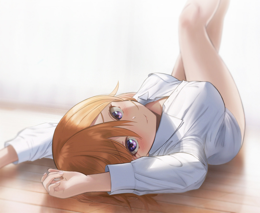 1girl, bangs, bare_legs, blush, breasts, brown_hair, closed_mouth, collared_shirt