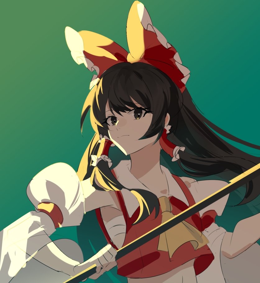 1girl, arong, ascot, bangs, black_eyes, black_hair, bow, closed_mouth