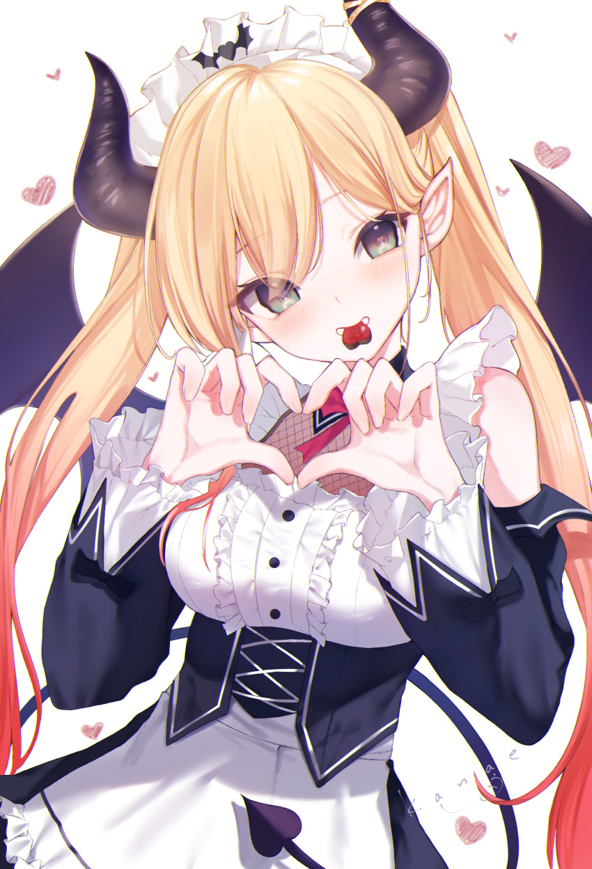 1girl, apron, bangs, black_horns, blonde_hair, blush, bow, bowtie