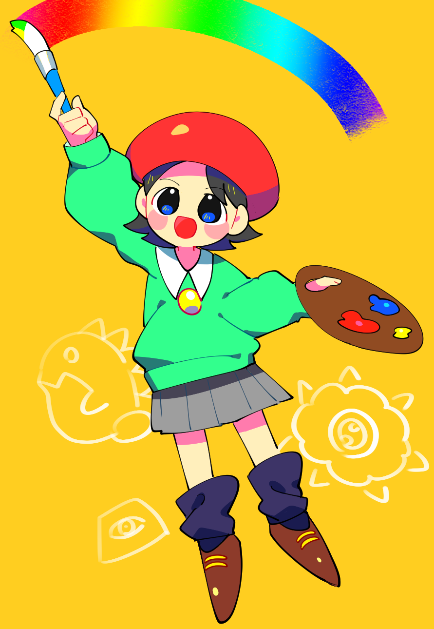 1girl, adeleine, arms_up, bangs, beret, black_hair, blue_eyes, blue_legwear