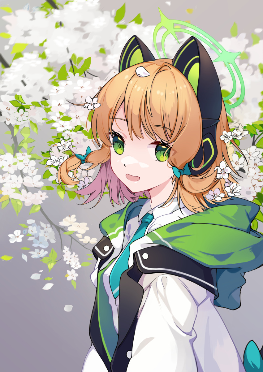 1girl, :d, absurdres, black_jacket, blonde_hair, blue_archive, blue_necktie, bow