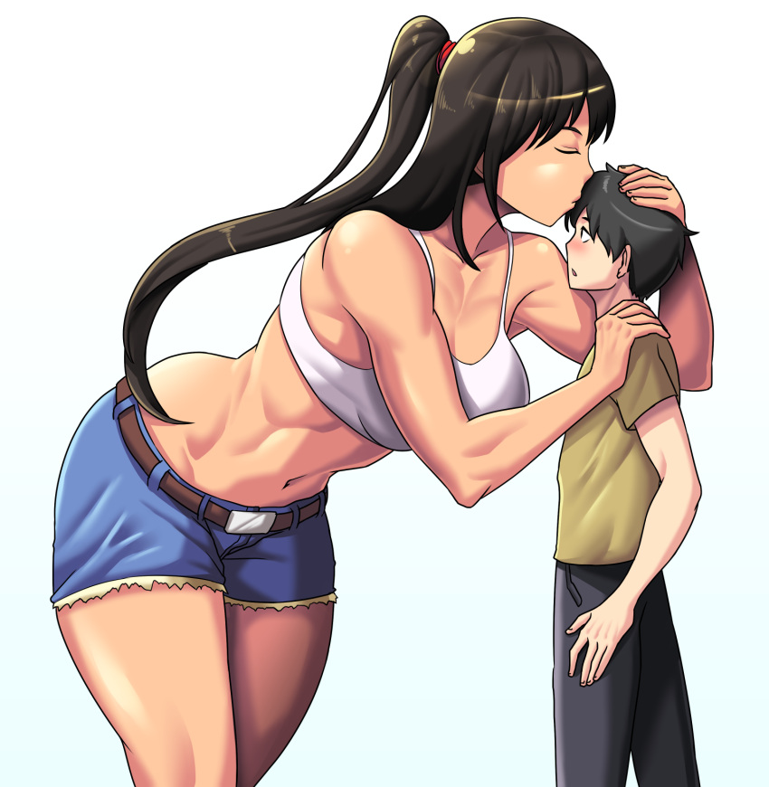 1boy, 1girl, abs, belt, belt_buckle, black_hair, black_pants, blue_shorts, blush, brown_hair, buckle, closed_eyes, cutoffs, dark_skin, denim, denim_shorts, hand_on_another's_head, hand_on_another's_shoulder, highres, kiss, kissing_forehead, leaning_forward, midriff, muscular, muscular_female, navel, original, pants, ponytail, shirt, shorts, size_difference, sports_bra, tall_female, toothbrushking, white_sports_bra, yellow_shirt