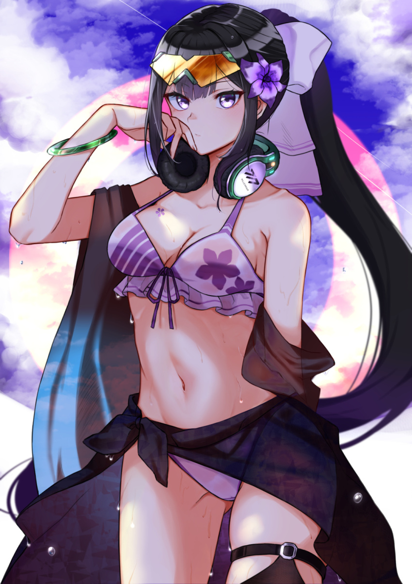 1girl, alternate_costume, bikini, black_shawl, blue_archive, bow, breasts, closed_mouth
