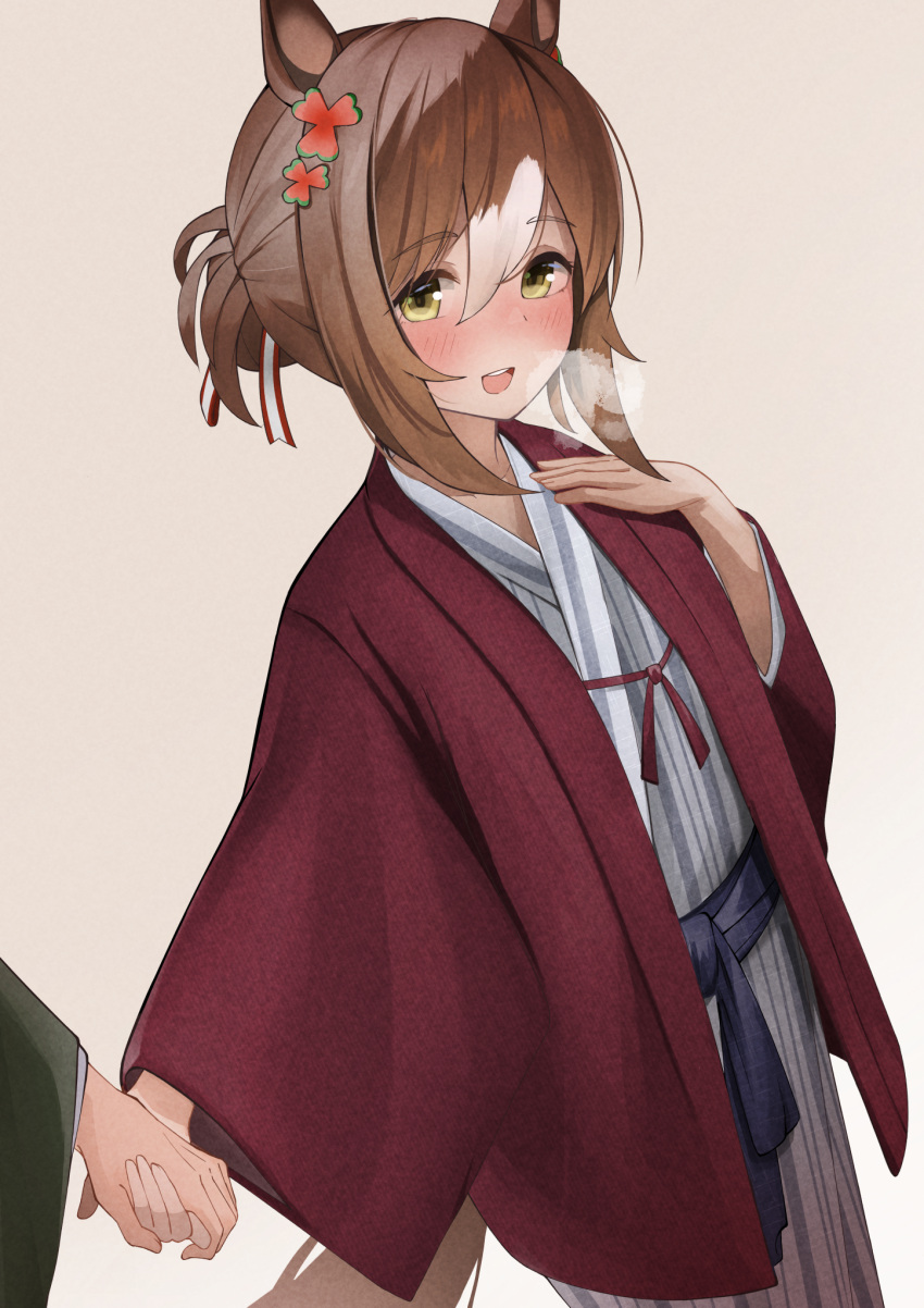 1girl, alternate_costume, animal_ears, blush, brown_hair, commentary_request, fine_motion_(umamusume), folded_ponytail