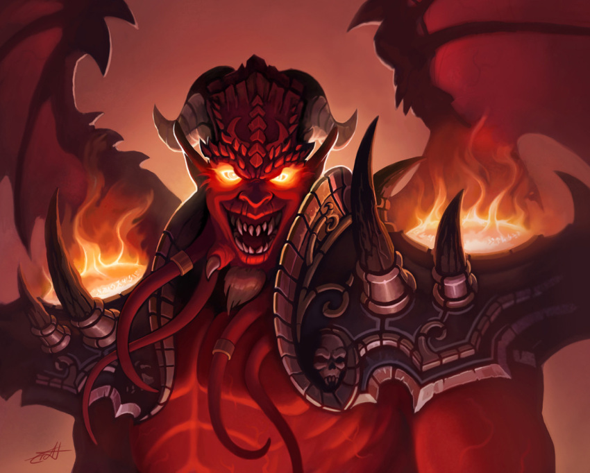 1boy, armor, colored_skin, demon_boy, facial_hair, glowing, glowing_eyes, goatee