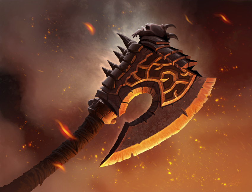 axe, brown_background, embers, grey_background, hearthstone, no_humans, skull, spikes