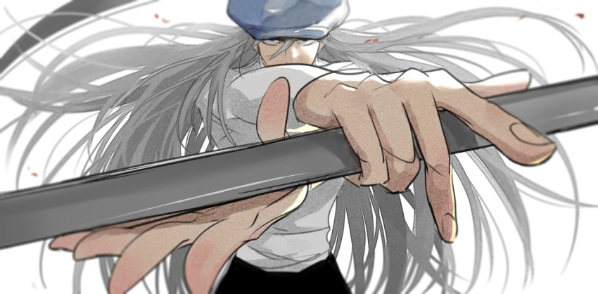 1boy, fighting_stance, hat, holding, holding_scythe, holding_weapon, hunter_x_hunter, kilva_lollop