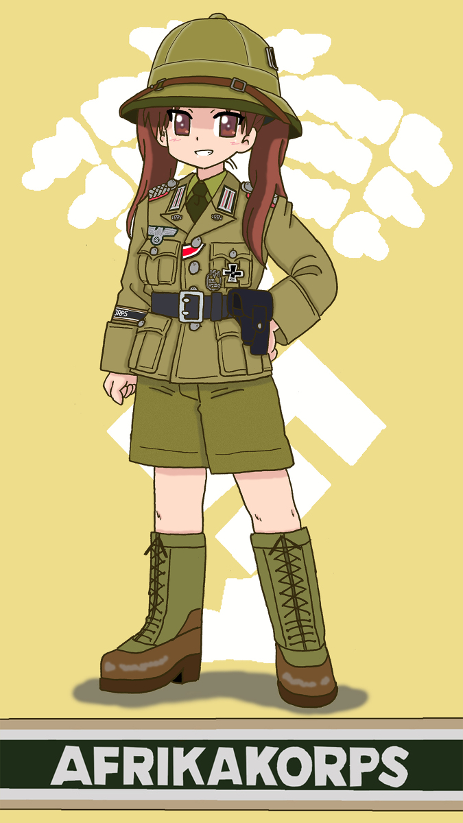 1girl, afrika_korps, belt, belt_buckle, boots, brown_eyes, brown_hair, buckle
