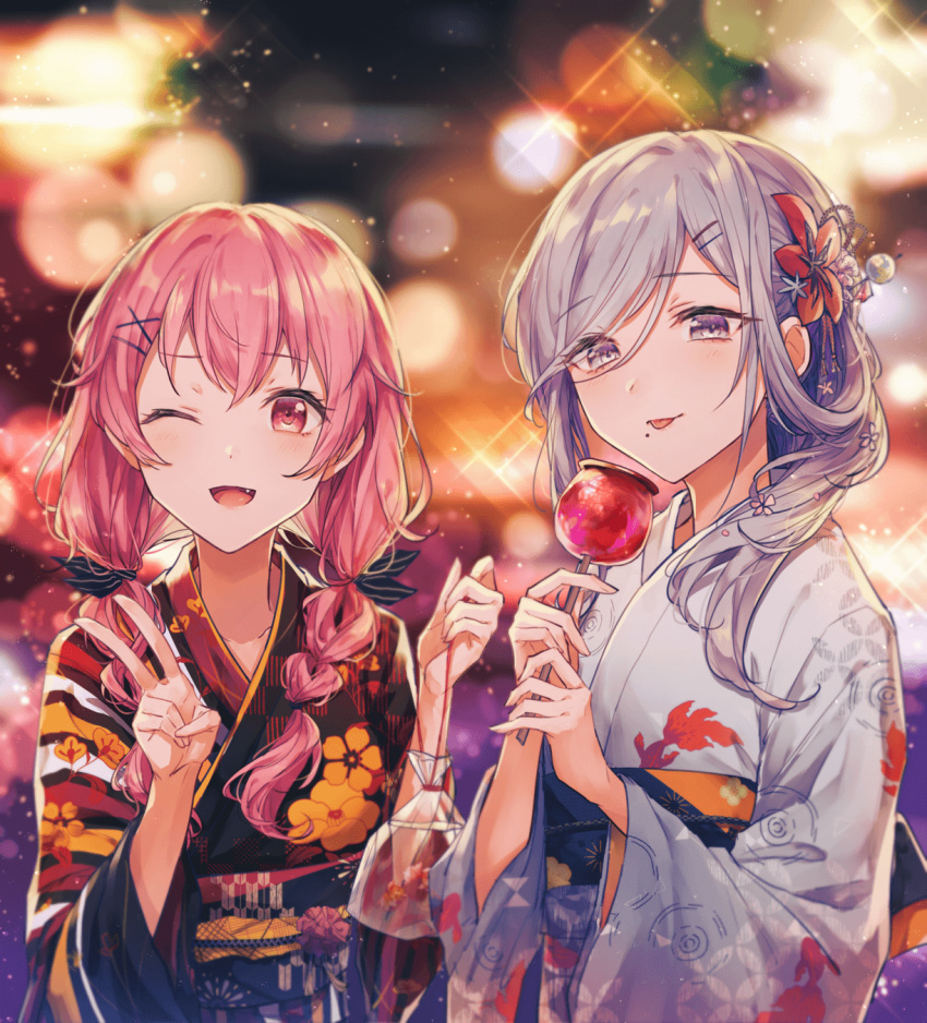 2girls, :p, ;d, braid, candy_apple, fish, flower, food
