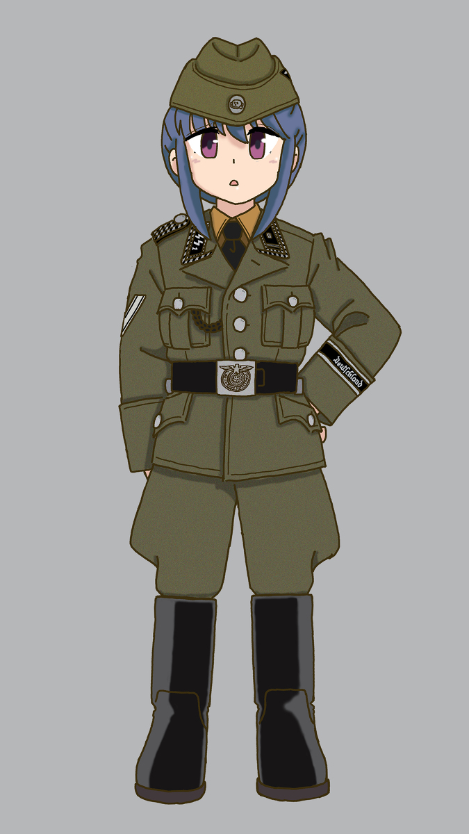 1girl, belt, belt_buckle, blue_hair, boots, breast_pocket, buckle, epaulettes