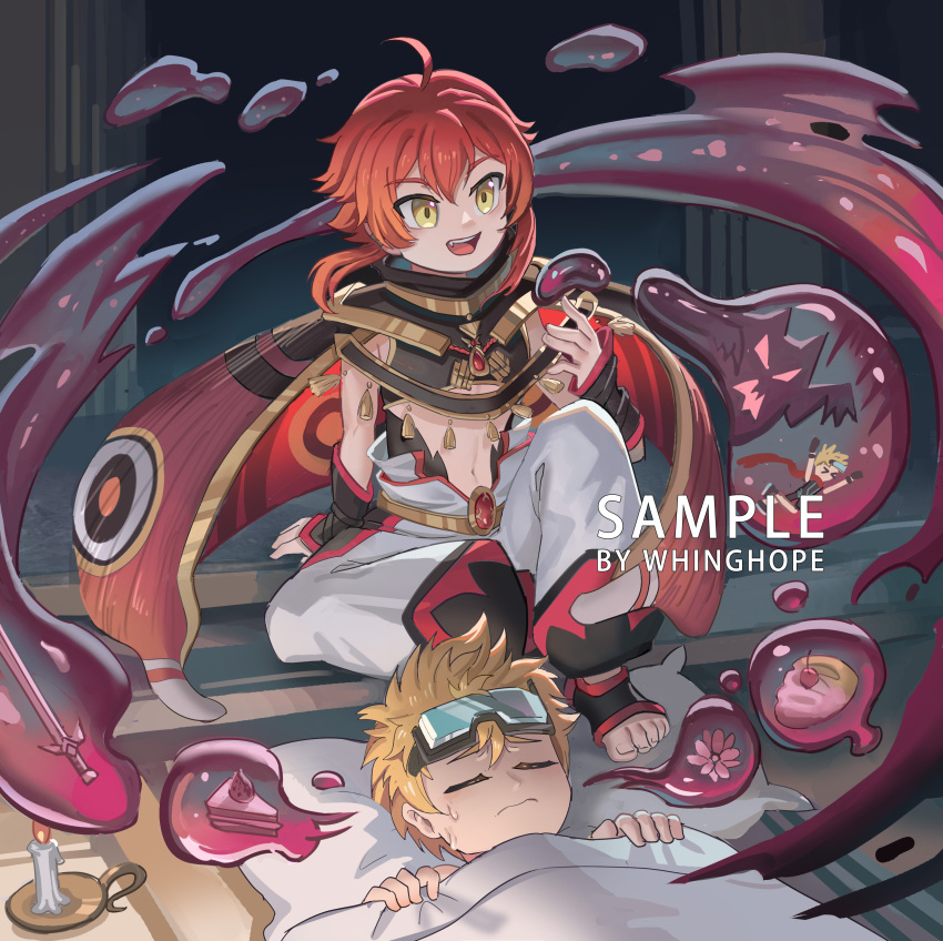 2boys, absurdres, blonde_hair, cake, candle, candlelight, candlestand, chinese_commentary