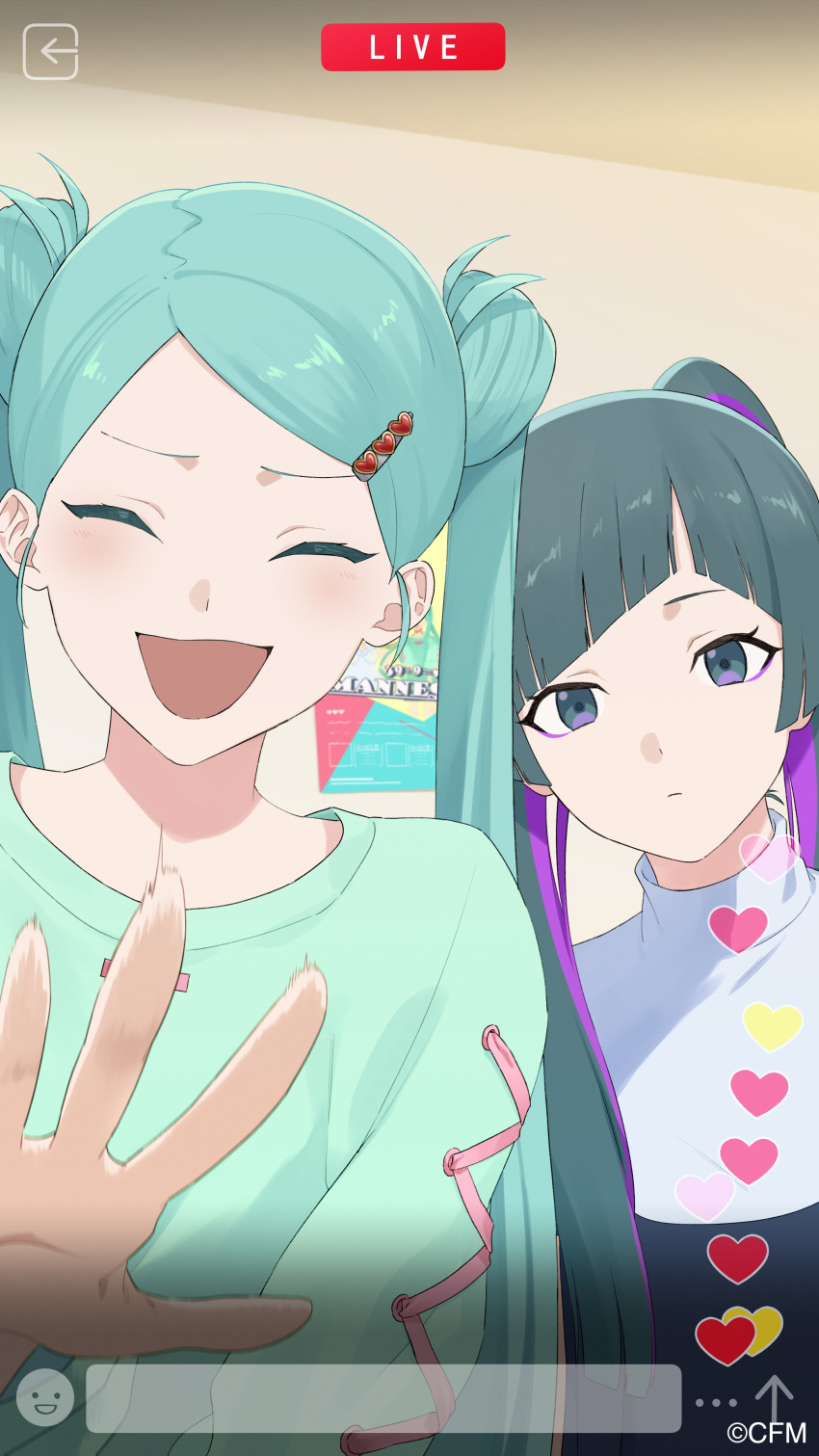 2girls, :d, ^_^, absurdres, aqua_hair, bangs, blue_eyes, blue_hair