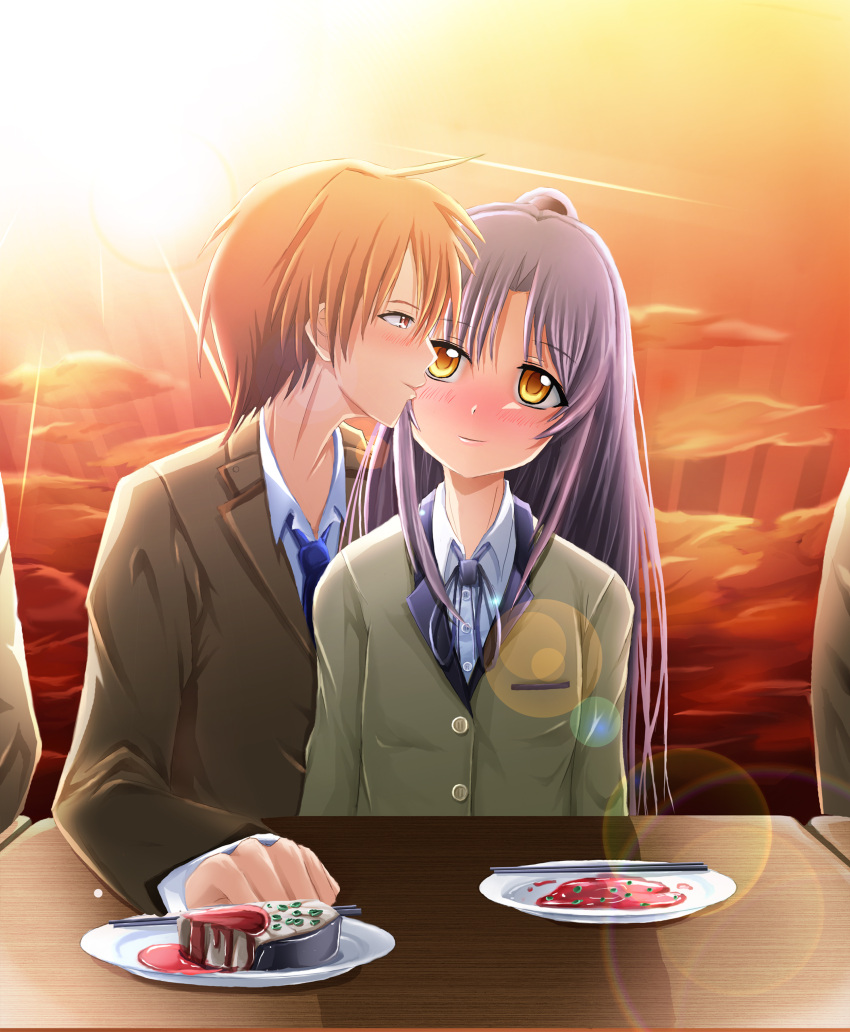 1girl, absurdres, angel_beats!, blush, couple, food, highres, kazuna
