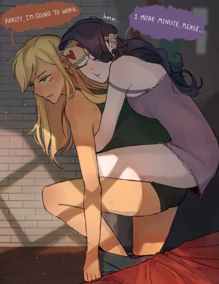 2girls, applejack, bed, blonde_hair, carrying, closed_eyes, closed_mouth, clothing_request, colored_skin, dark-skinned_female, dark_skin, dressing, english_text, freckles, highres, indoors, mask, mask_on_head, multiple_girls, my_little_pony, my_little_pony_friendship_is_magic, orange_skin, parted_lips, personification, piggyback, purple_hair, rarity, shadow, sleep_mask, tcn_tancha, yuri