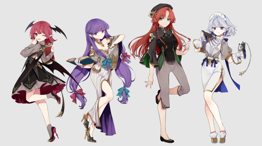 4girls, :/, ;d, alternate_costume, back_cutout, bat_wings, beret, between_fingers