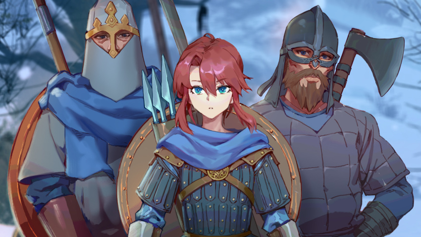 1girl, 2boys, armor, axe, bangs, beard, blue_eyes, blue_scarf
