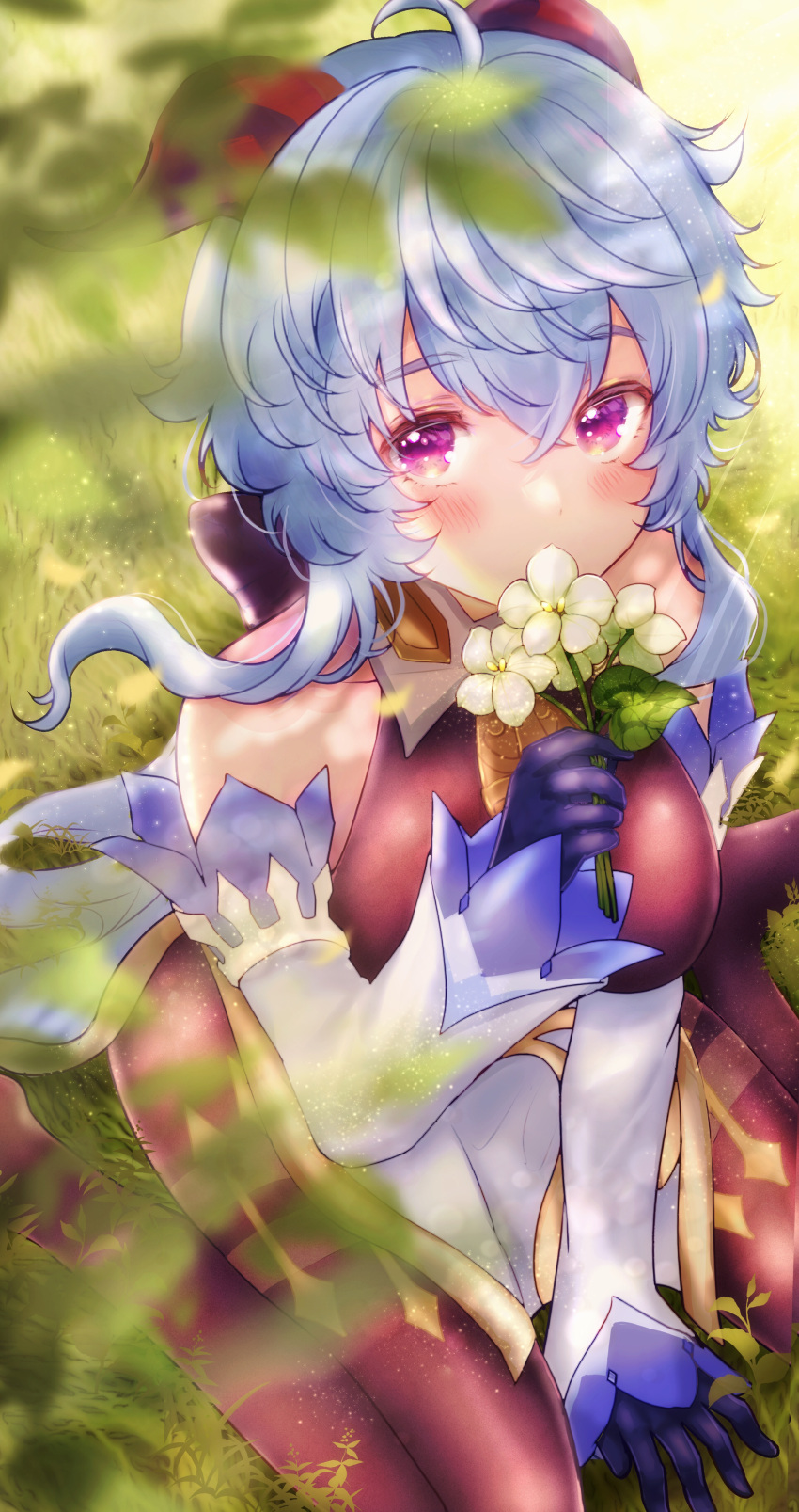 1girl, absurdres, ahoge, bangs, bare_shoulders, bell, blue_gloves, blue_hair
