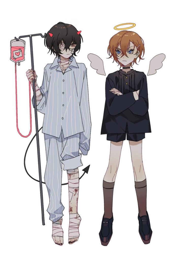 2boys, alternate_costume, bandaged_arm, bandaged_foot, bandaged_hand, bandaged_leg, bandaged_neck, bandages
