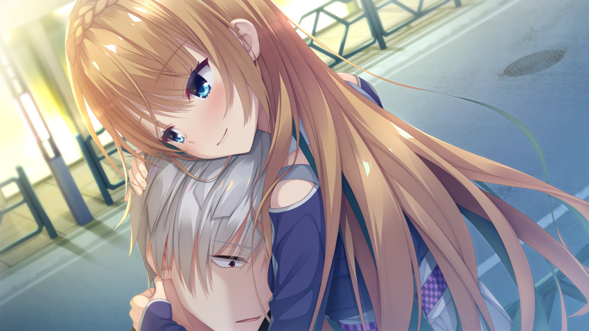 1boy, 1girl, blonde_hair, bloom, blue_eyes, blue_hair, blush, braid