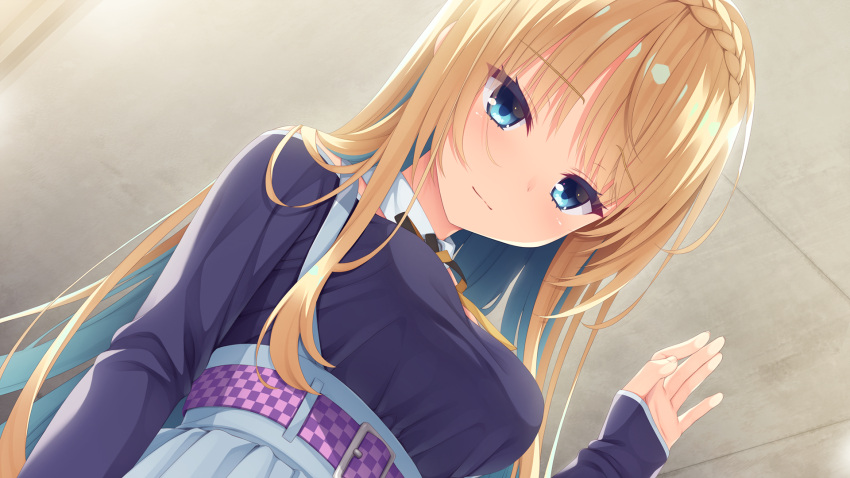 1girl, arm_at_side, belt, belt_buckle, blonde_hair, blue_eyes, blue_hair, braid