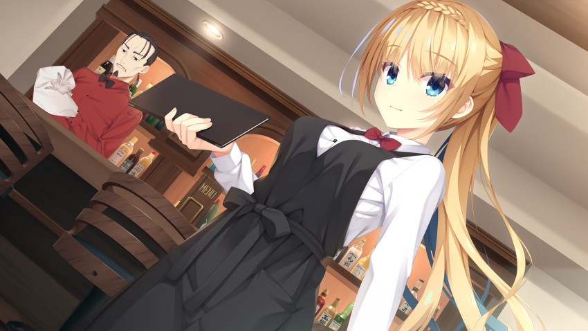 1boy, 1girl, alternate_hairstyle, bar, bar_stool, bartender, black_bow, black_bowtie