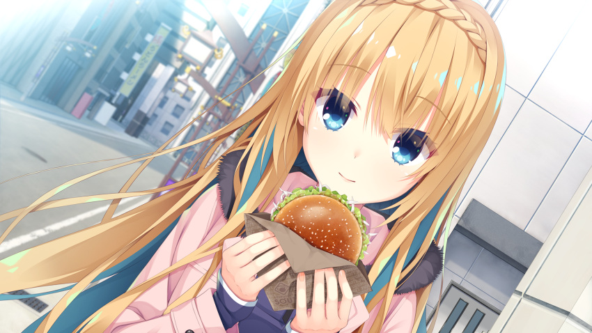 1girl, blonde_hair, blue_eyes, blue_hair, braid, burger, closed_mouth, colored_inner_hair