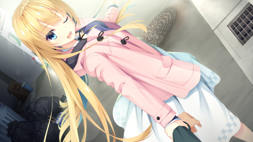 1boy, 1girl, ;d, blonde_hair, blue_eyes, blue_hair, braid, colored_inner_hair