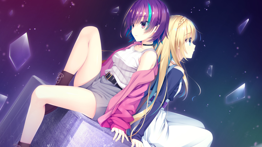 2girls, ankle_boots, arms_at_sides, back-to-back, bare_legs, belt, belt_buckle, black_choker