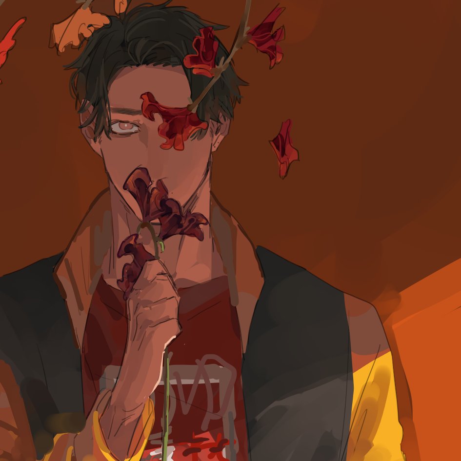1boy, bbbb_fex, brown_hair, covering_mouth, expressionless, flower, happy_spa, holding