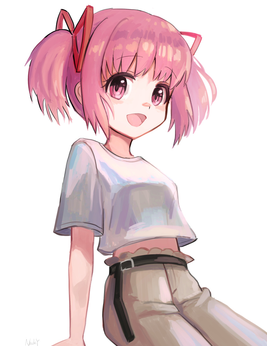 1girl, :d, casual, hair_ribbon, highres, kaname_madoka, mahou_shoujo_madoka_magica, nacky0610, open_mouth, pants, pink_eyes, pink_hair, red_ribbon, ribbon, shirt, short_hair, short_twintails, simple_background, smile, solo, twintails, white_background, white_shirt