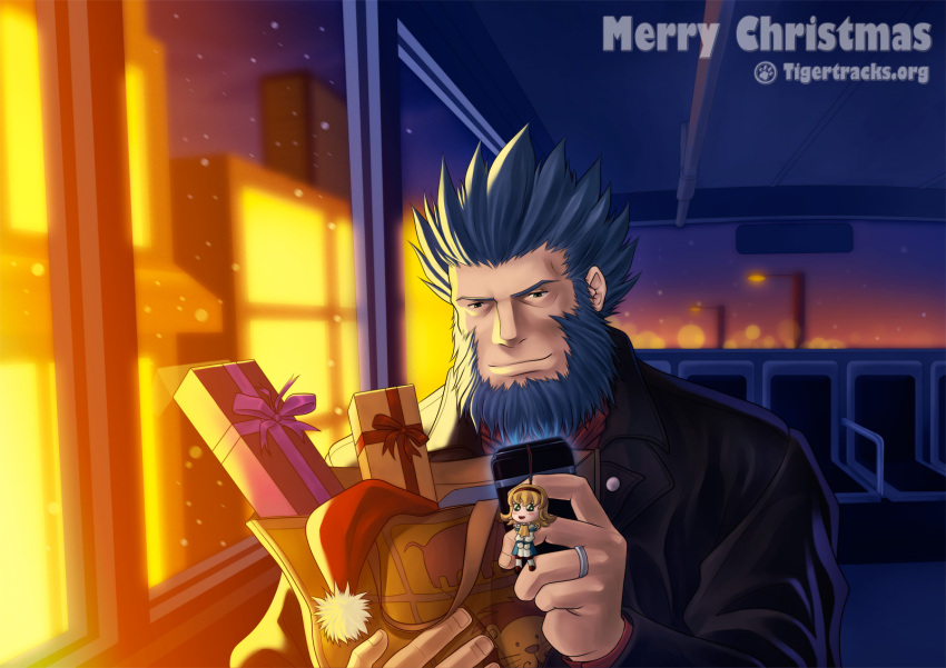 1boy, artist_name, bag, beard, blue_hair, bus, cellphone, christmas, city, city_lights, facial_hair, gift, ground_vehicle, highres, jewelry, largo_(tales), male_focus, motor_vehicle, natalia_luzu_kimlasca_lanvaldear, night, night_sky, phone, ring, sky, smile, tales_of_(series), tales_of_the_abyss, text_focus, zelo-lee