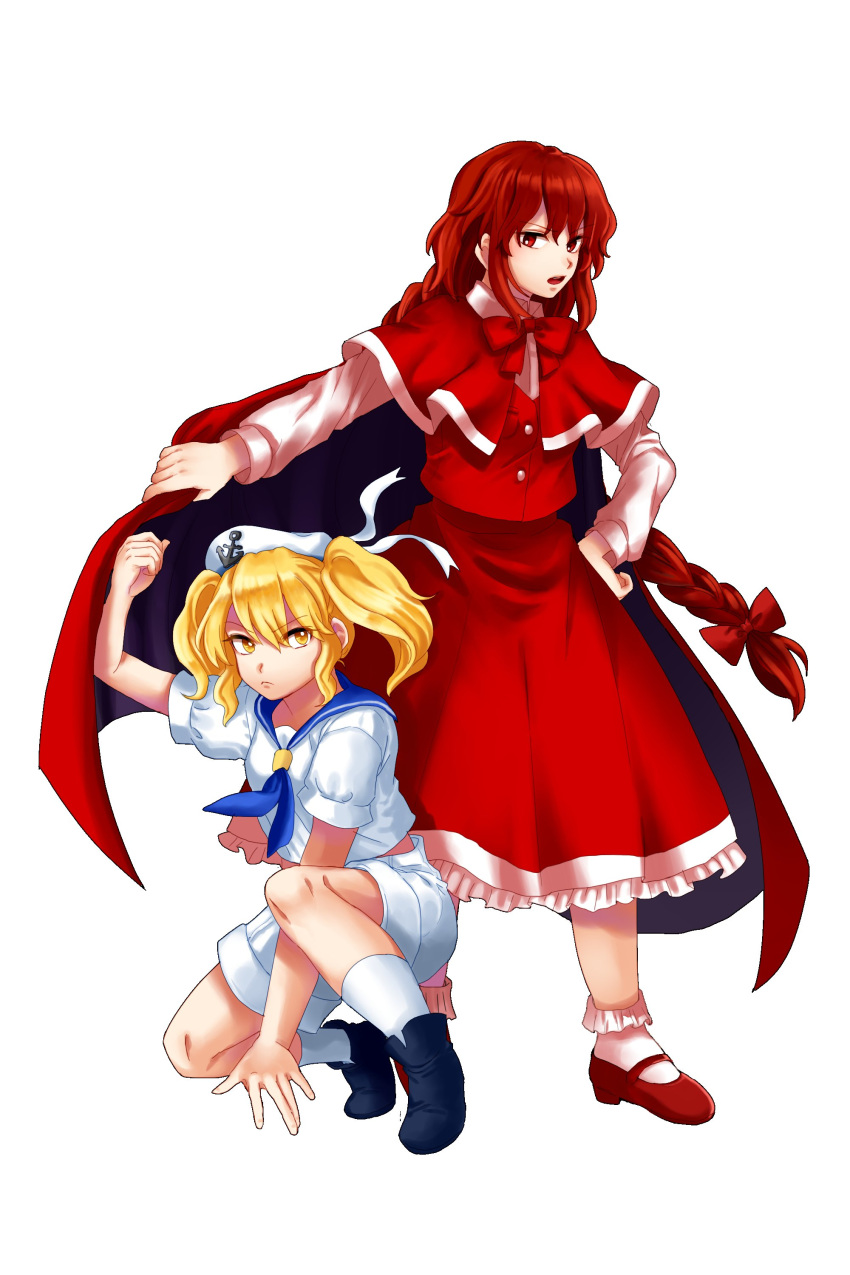 2girls, absurdres, anchor_hat_ornament, anchor_symbol, bangs, black_cape, black_footwear, blonde_hair