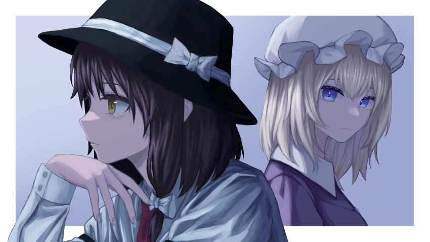 2girls, absurdres, bangs, black_headwear, blonde_hair, blue_eyes, border, bow