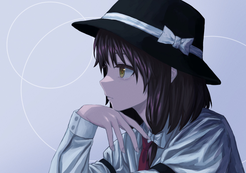 1girl, absurdres, bangs, black_headwear, bow, brown_eyes, brown_hair, closed_mouth