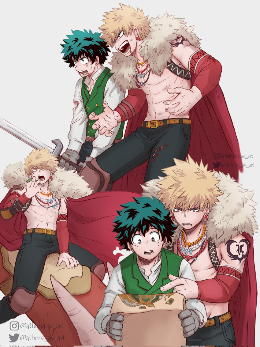 2boys, abs, athena_av, bakugou_katsuki, belt, black_pants, blonde_hair, blood