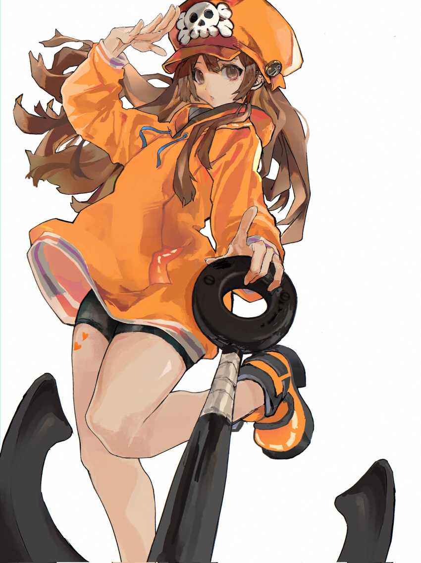 1girl, anchor, anchor_symbol, arm_up, bangs, bare_legs, bike_shorts, brown_hair