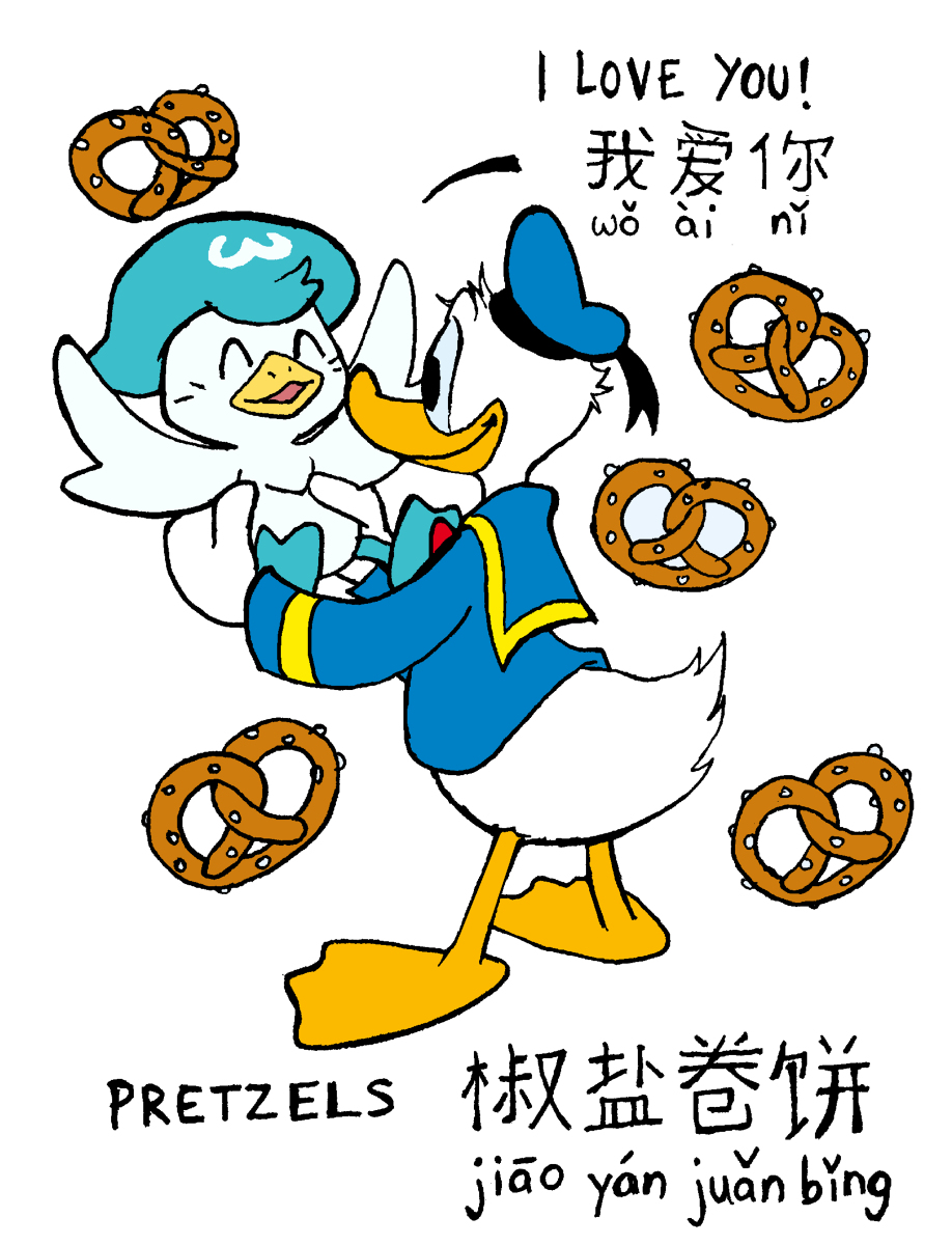 1boy, chinese_text, closed_eyes, crossover, disney, donald_duck, duck, food