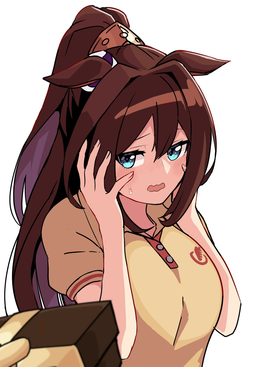 1girl, absurdres, bangs, blue_eyes, blurry, blurry_background, blush, box, breasts, brown_hair, el_condor_pasa_(umamusume), gift, gift_box, hands_on_own_cheeks, hands_on_own_face, highres, long_hair, looking_at_viewer, medium_breasts, open_mouth, out_of_frame, petoka, polo_shirt, ponytail, pov, shirt, short_sleeves, simple_background, sweat, umamusume, upper_body, valentine, wavy_mouth, white_background, yellow_shirt