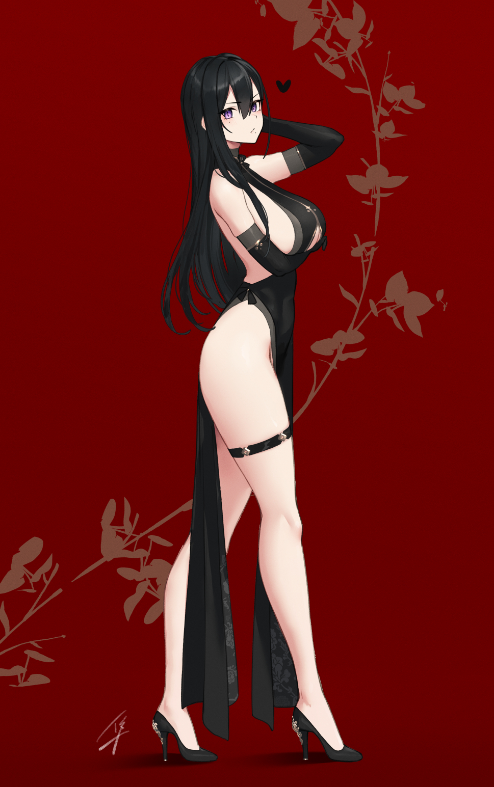 1girl, arm_under_breasts, ass, bangs, bare_shoulders, black_dress, black_footwear, black_gloves