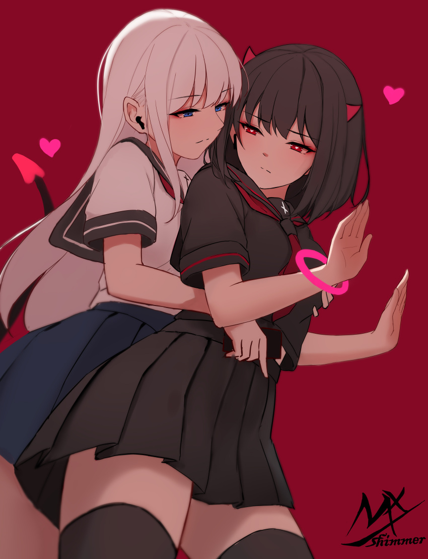 2girls, absurdres, bangs, black_hair, black_legwear, black_sailor_collar, black_serafuku, black_shirt