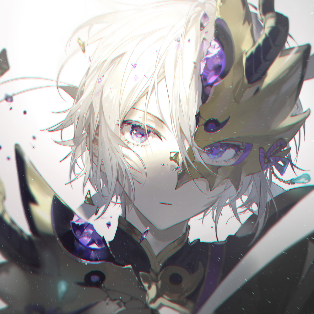 1boy, armor, bangs, bishounen, blurry, broken_mask, chromatic_aberration, closed_mouth, commentary_request, depth_of_field, duplicate, eyelashes, fate/grand_order, fate_(series), hair_between_eyes, half_mask, head_tilt, looking_at_viewer, male_focus, mask, photoshop_(medium), pixel-perfect_duplicate, portrait, prince_of_lan_ling_(fate), rella, shards, simple_background, solo, violet_eyes, white_background, white_hair
