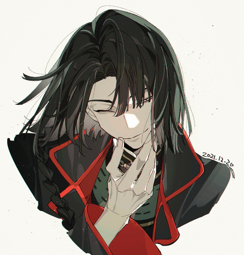 1boy, 2021, ;), bangs, black_coat, black_hair, braid, chin_stroking