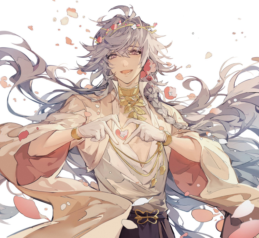 1boy, bangs, e_(h798602056), fate/grand_order, fate_(series), flower, gloves, happy, head_wreath, heart, heart_hands, highres, idol, jewelry, long_hair, long_sleeves, looking_at_viewer, male_focus, merlin_(fate), merlin_(overnight_dream)_(fate), official_alternate_costume, open_mouth, petals, pink_flower, shirt, simple_background, smile, solo, upper_body, very_long_hair, violet_eyes, white_background, white_flower, white_gloves, white_hair, white_shirt
